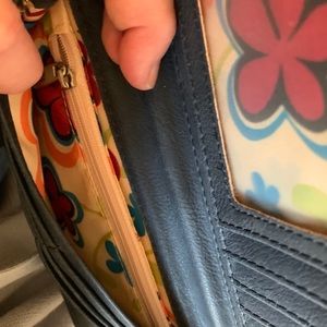 Blue leather wallet with bird & flowers